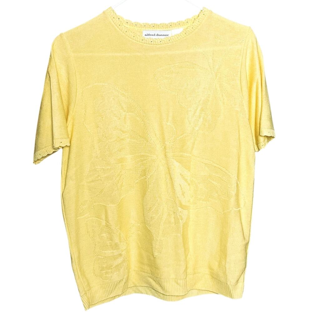 Alfred Dunner Petite Yellow Butterfly Knit Top Short Sleeve Sweater - PXL